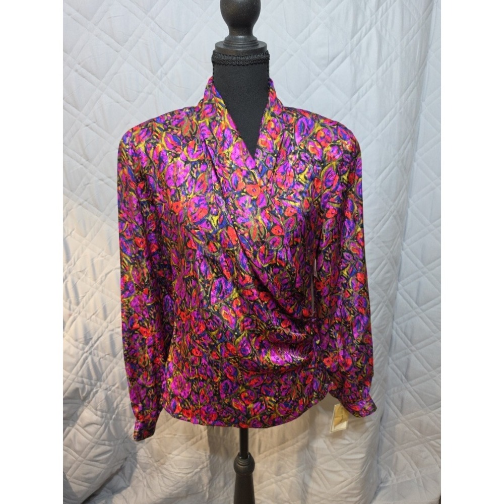 Nicola Vintage 80s Satin Wrap Blouse Magenta Purple Abstract Floral Size 8 NWT